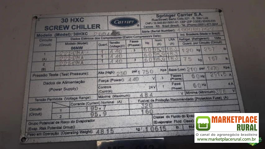 Chiller Parafuso carrier 30HXC 260tr 440v 750.000 kcal - C6253